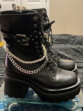 Women's Black Platform Combat Boots with Chain and Pearl Detail